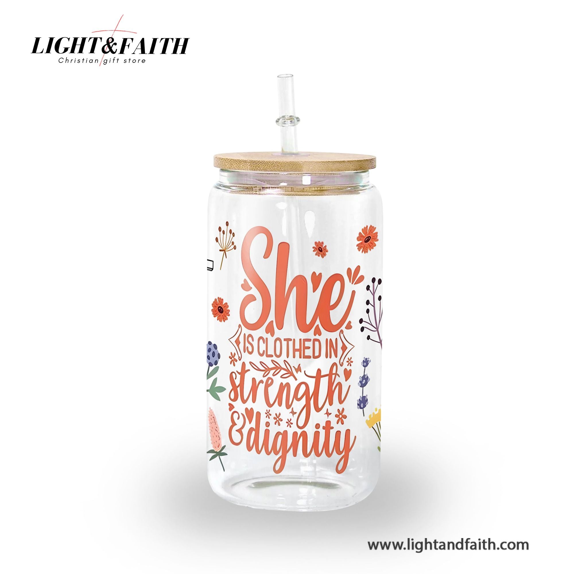 Christian Glass Can with Bamboo Lid and Straw, She Is Clothed in Strength and Dignity Cup, Proverbs 31:25 Scripture Tumbler Gift GCLAF45